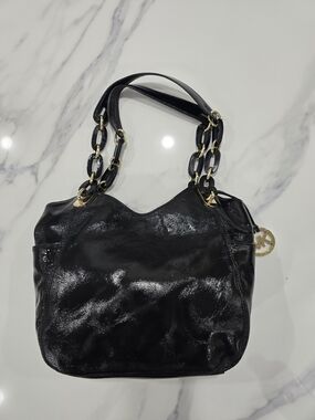 Michael Kors Black Patent Shoulder Bag with Gold Chain Accents